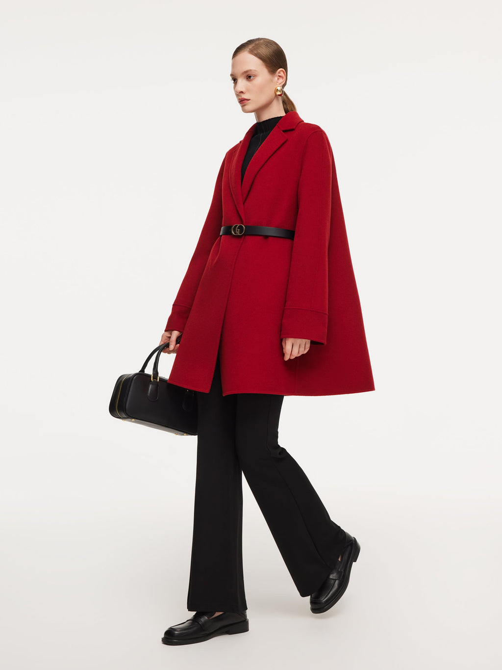 Cashmere Wool Blend Double-Faced Women Cape Coat With Leather Belt
