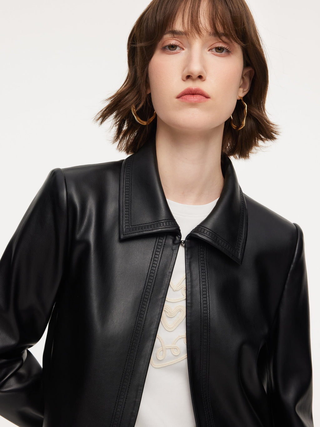 PU Leather Embroidered Trim Women Cropped Jacket