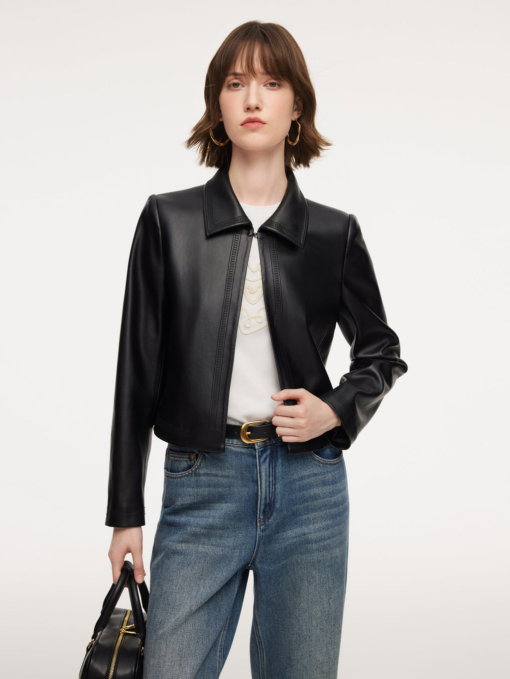 PU Leather Embroidered Trim Women Cropped Jacket