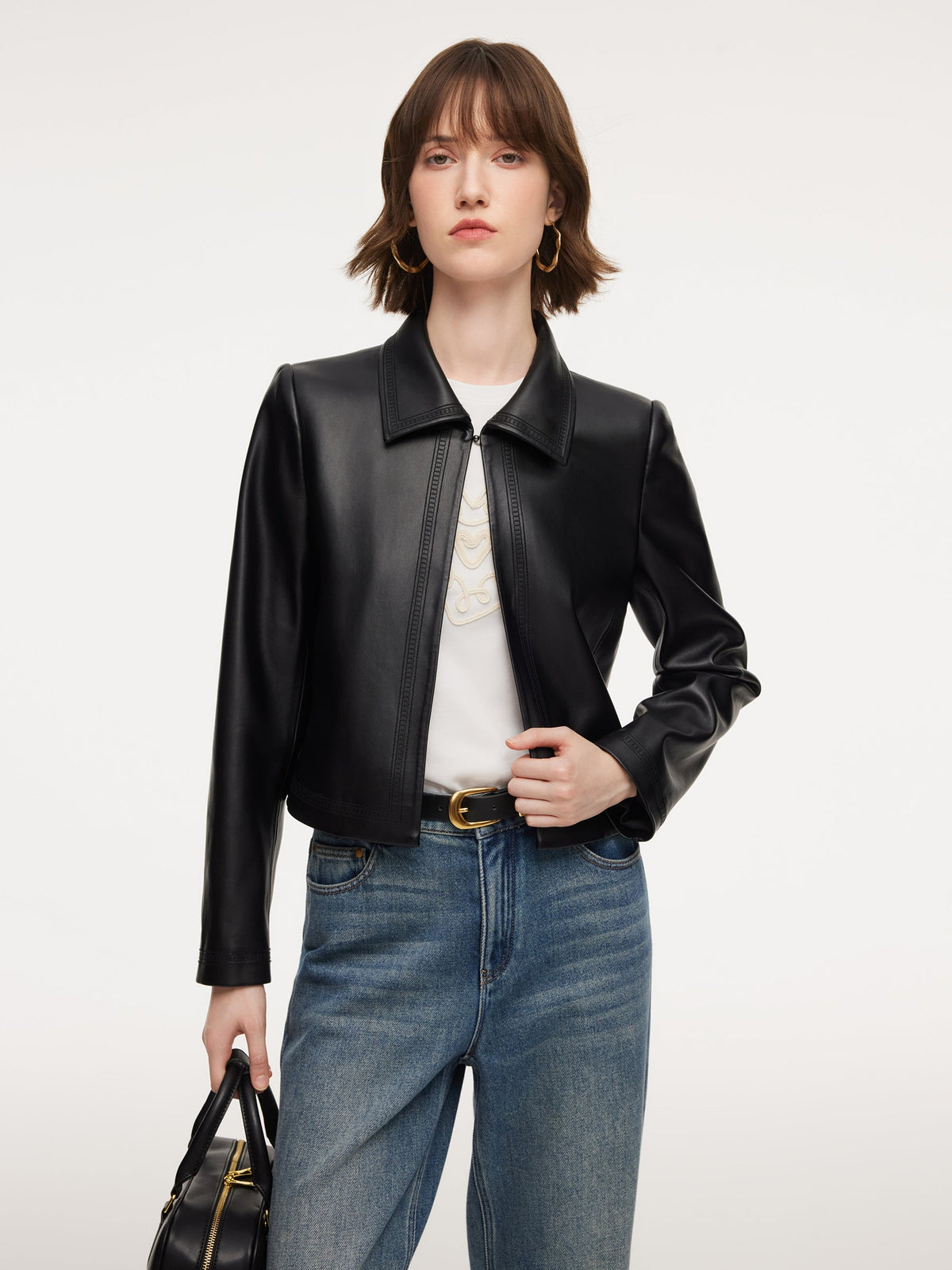PU Leather Embroidered Trim Women Cropped Jacket