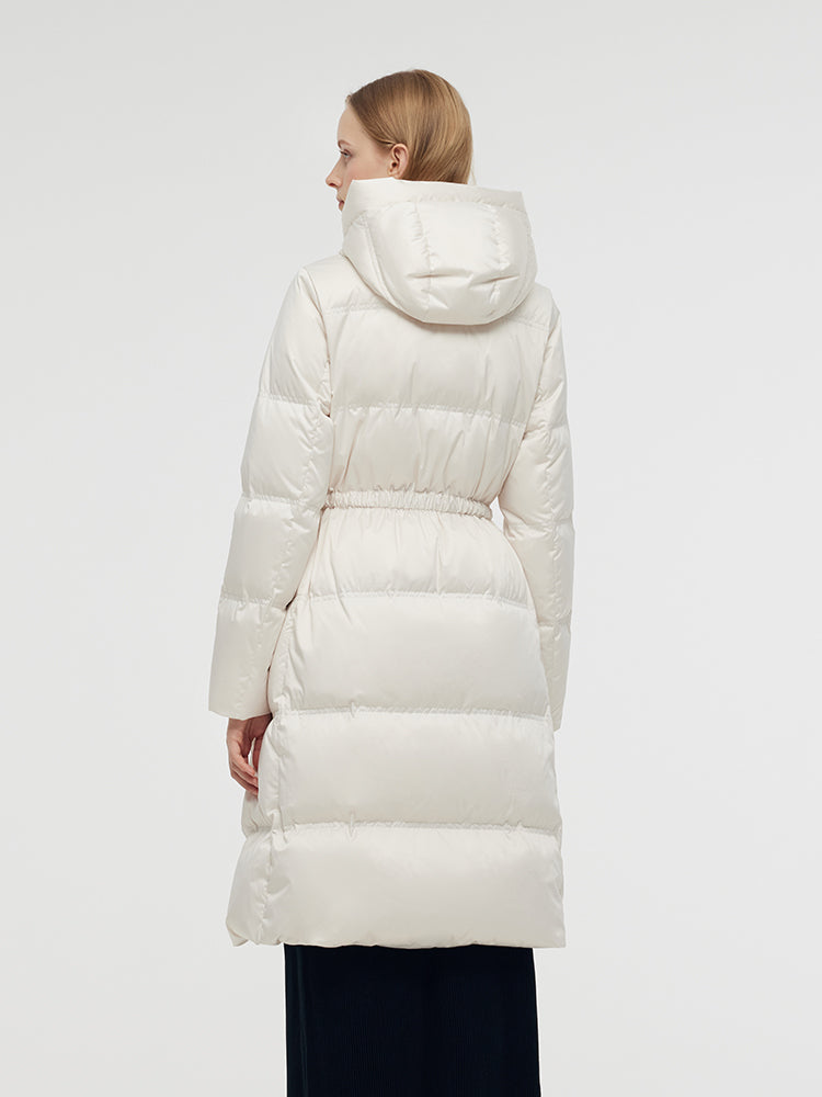 Gathered Waist Hooded Long Goose Down Coat