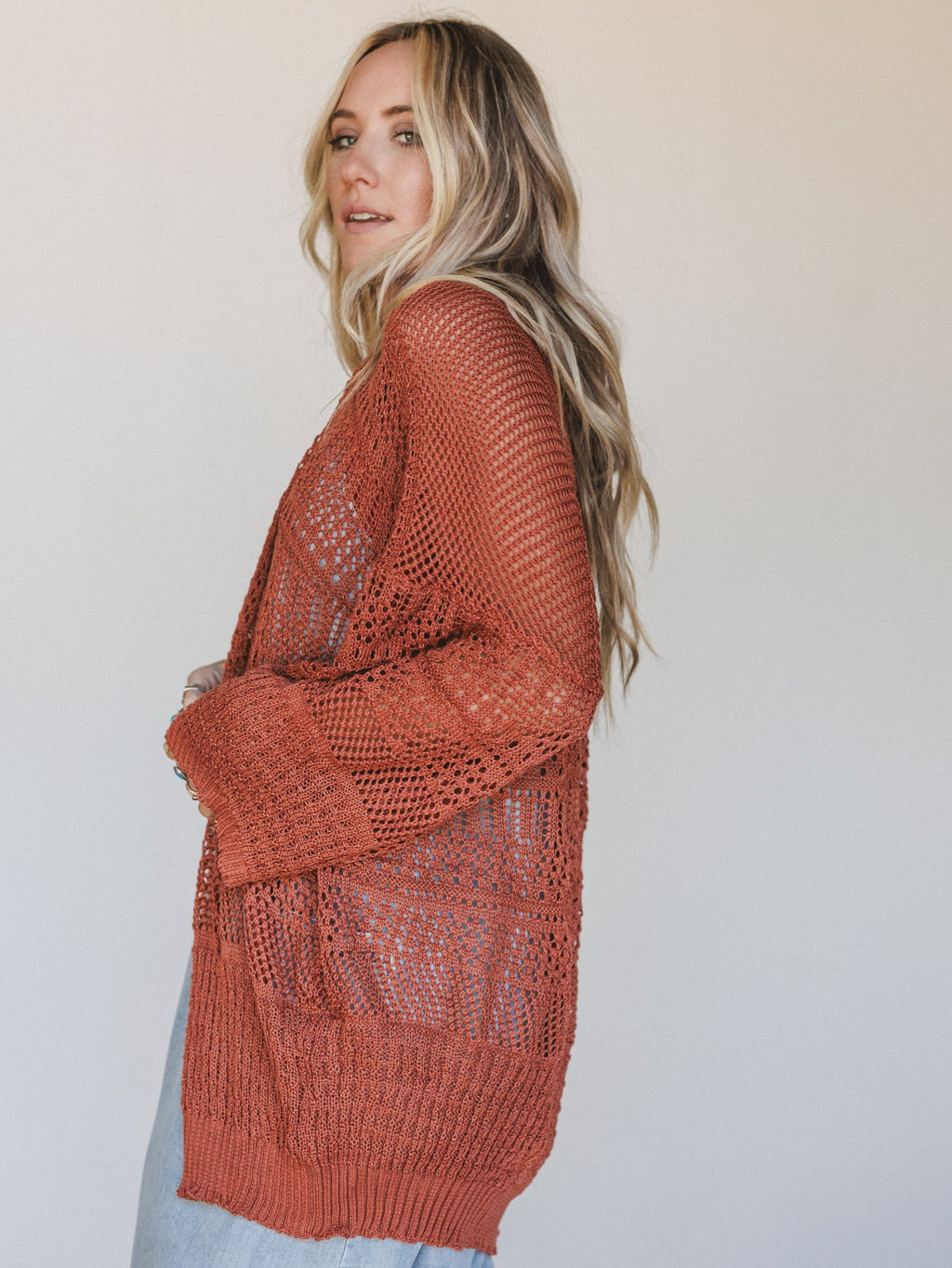 Brenden Knit Netted Cardigan - Rust