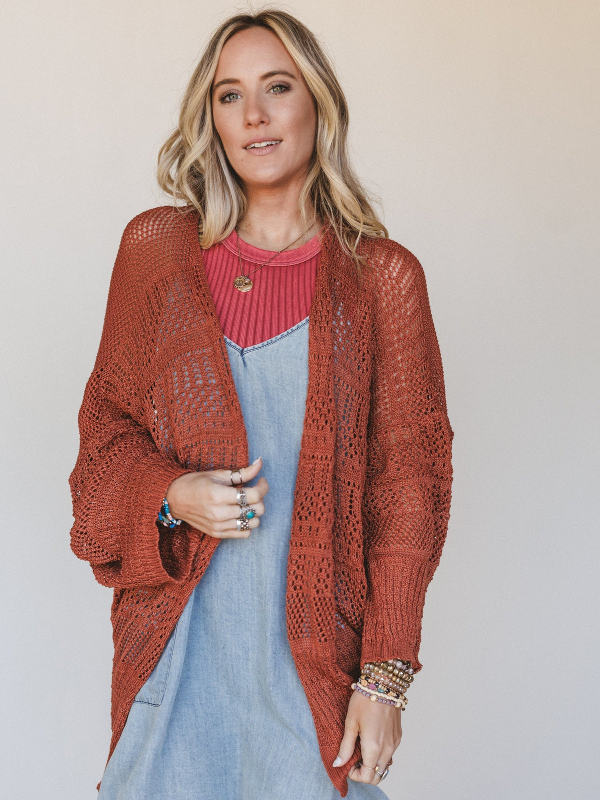 Brenden Knit Netted Cardigan - Rust
