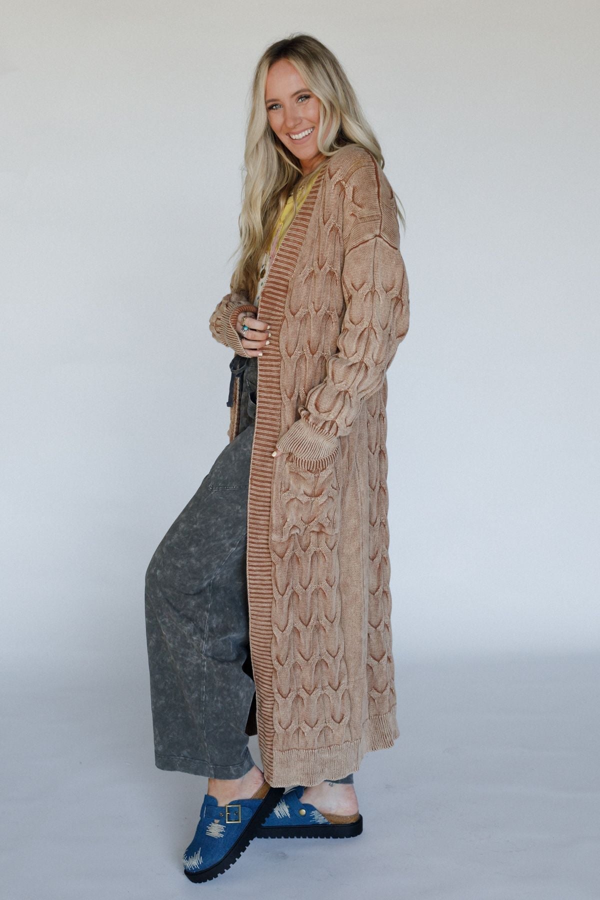 Chill Nights Cable Knit Cardigan - Brown