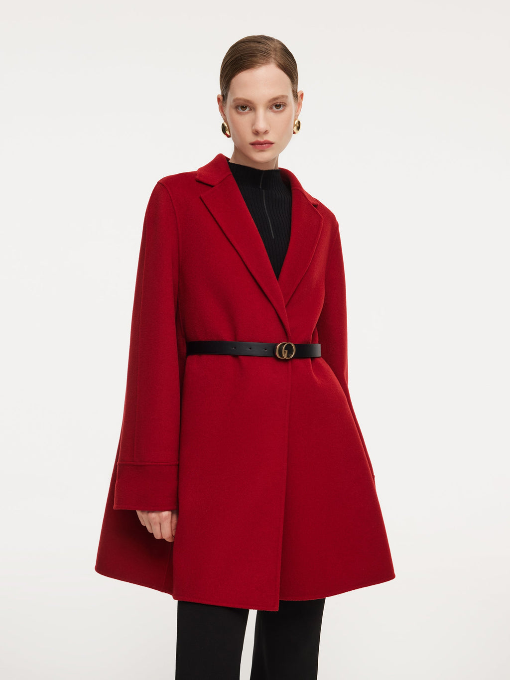 Cashmere Wool Blend Double-Faced Women Cape Coat With Leather Belt