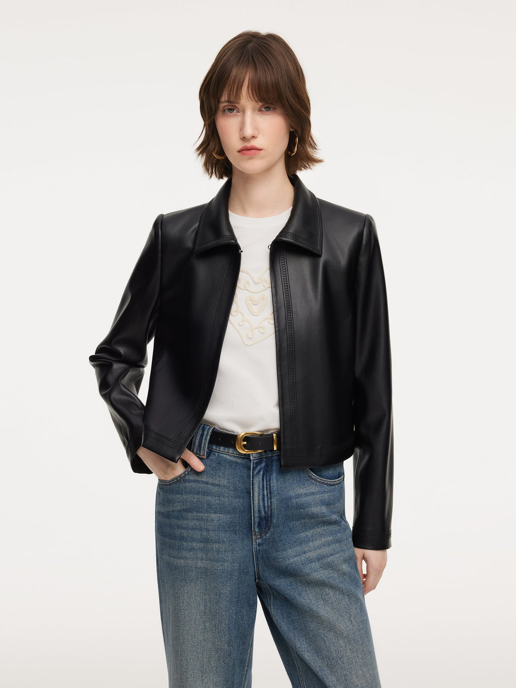 PU Leather Embroidered Trim Women Cropped Jacket