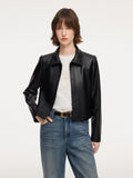 PU Leather Embroidered Trim Women Cropped Jacket