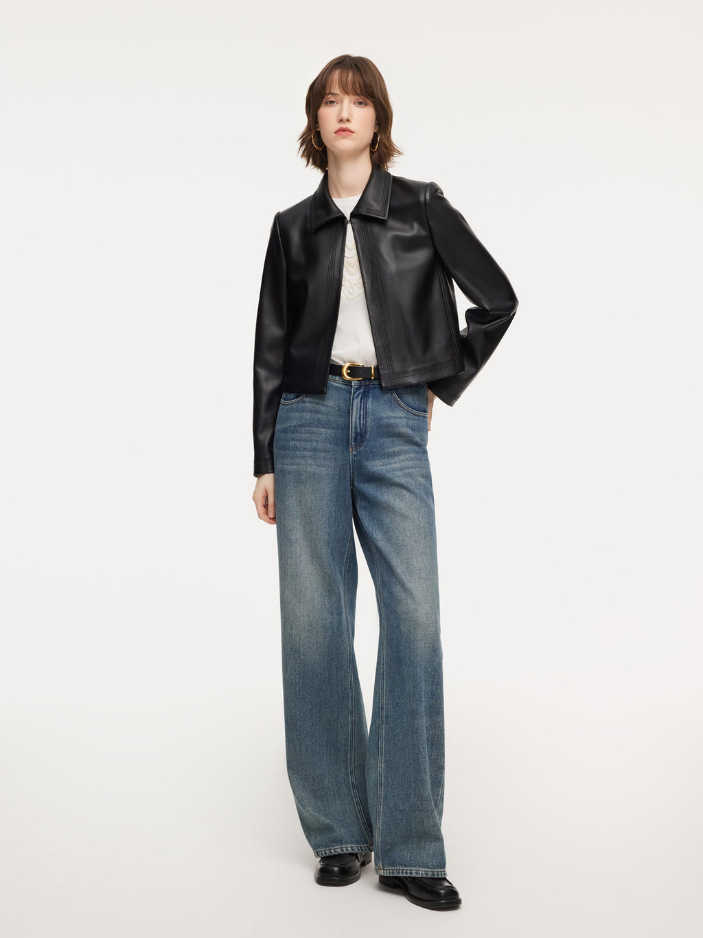 PU Leather Embroidered Trim Women Cropped Jacket