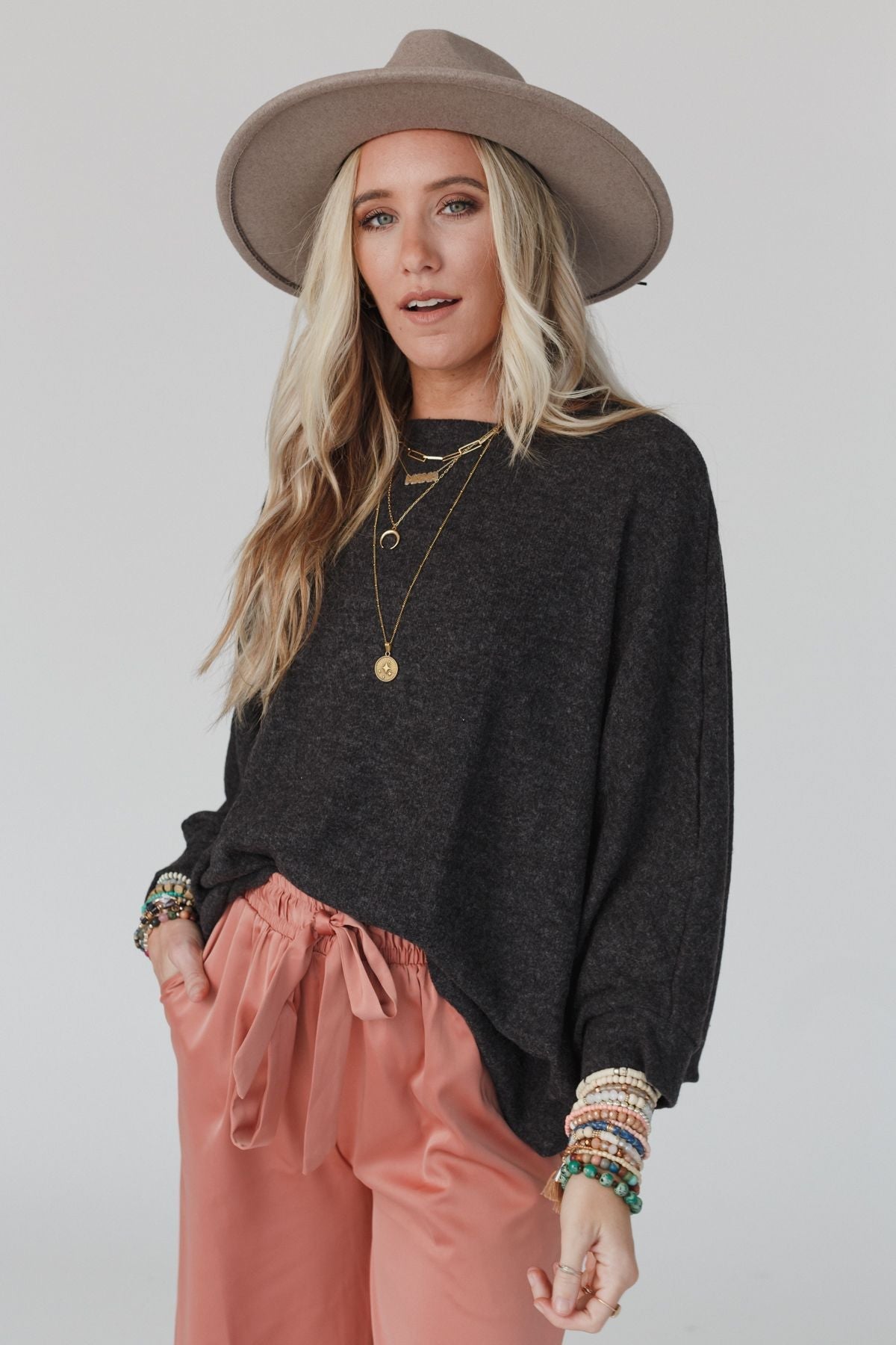 The Nest Fly With Me Batwing Sleeve Knit Sweater - Charcoal