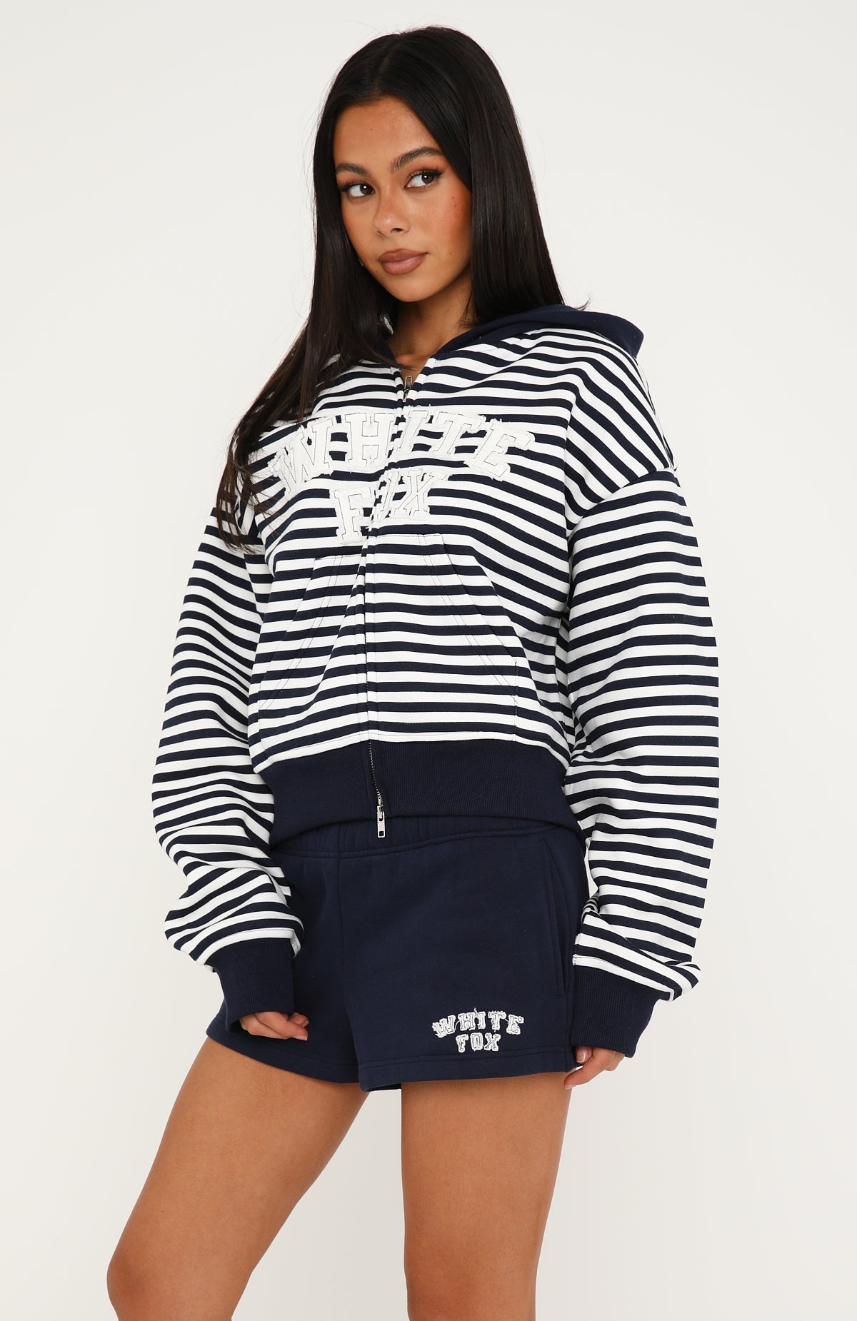 Soft Vibe Boxy Zip Front Hoodie Navy / White Stripe