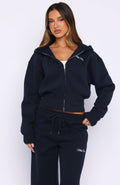 Wishing For It Cropped Cinched Zip Front Hoodie Navy