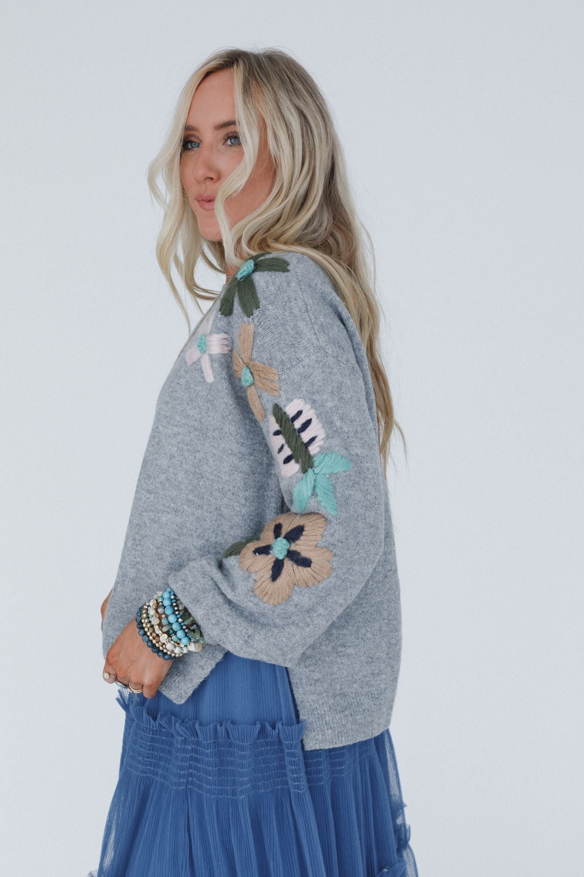 Wild Blossom Embroidered Sweater - Gray - Pre Order