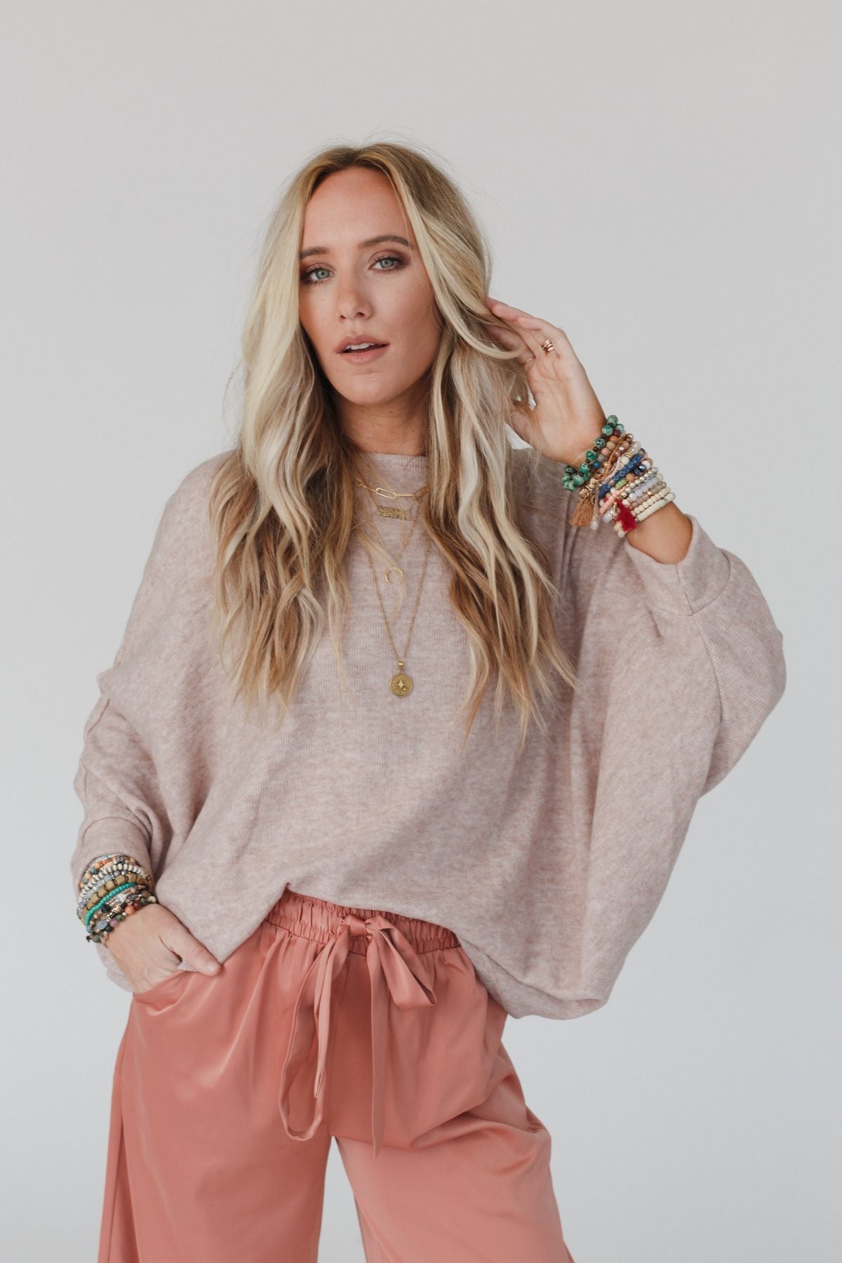 The Nest Fly With Me Batwing Sleeve Knit Sweater - Sand